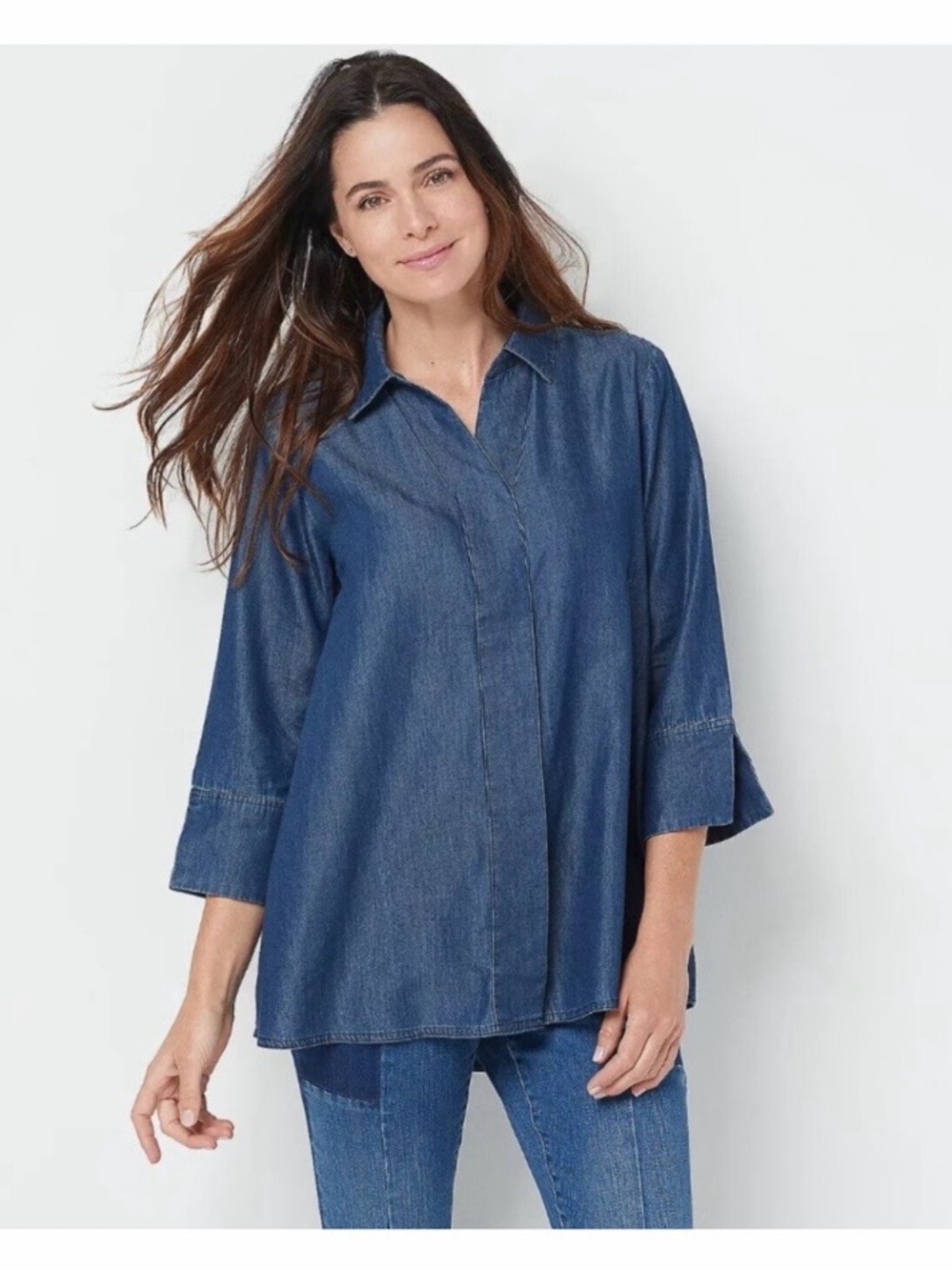 MARTHA STEWART NWT Classic Coastal Office Blue Denim Chambray Tunic Shirt SZ XS